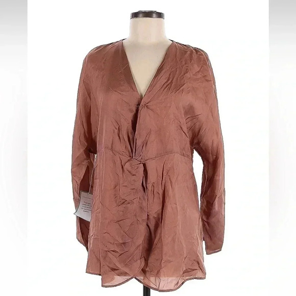 MES DEMOISELLES Blush BrownTwilight Gathered 100% Silk Satin Blouse Size 8 US M - Picture 3 of 8